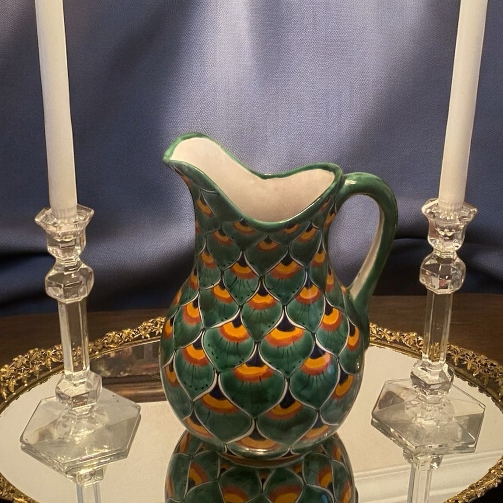 Vintage Mexican Hand-Painted Talavera Pitcher – Green Peacock Scale Design